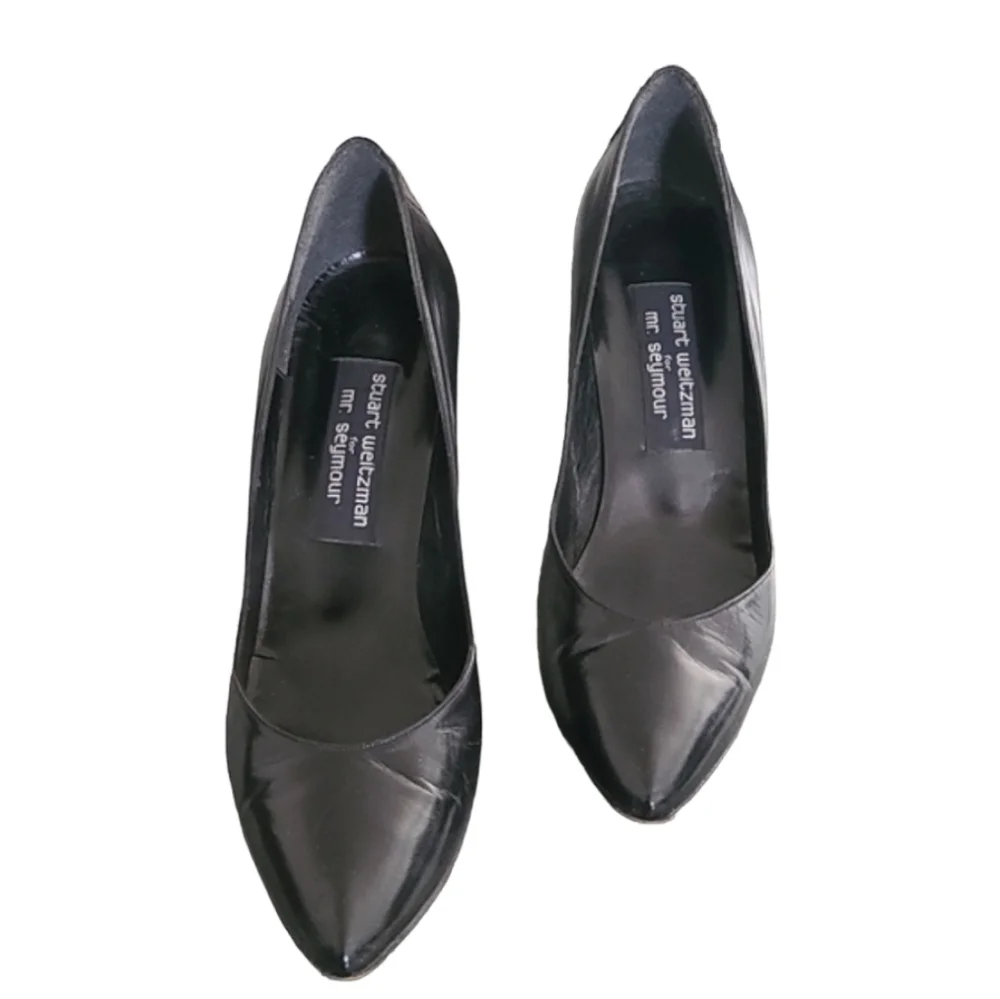 MR SEYMOUR STUART WEITZMAN VTG Black Leather Pumps 8.5 Pointed Heel Minimalist
